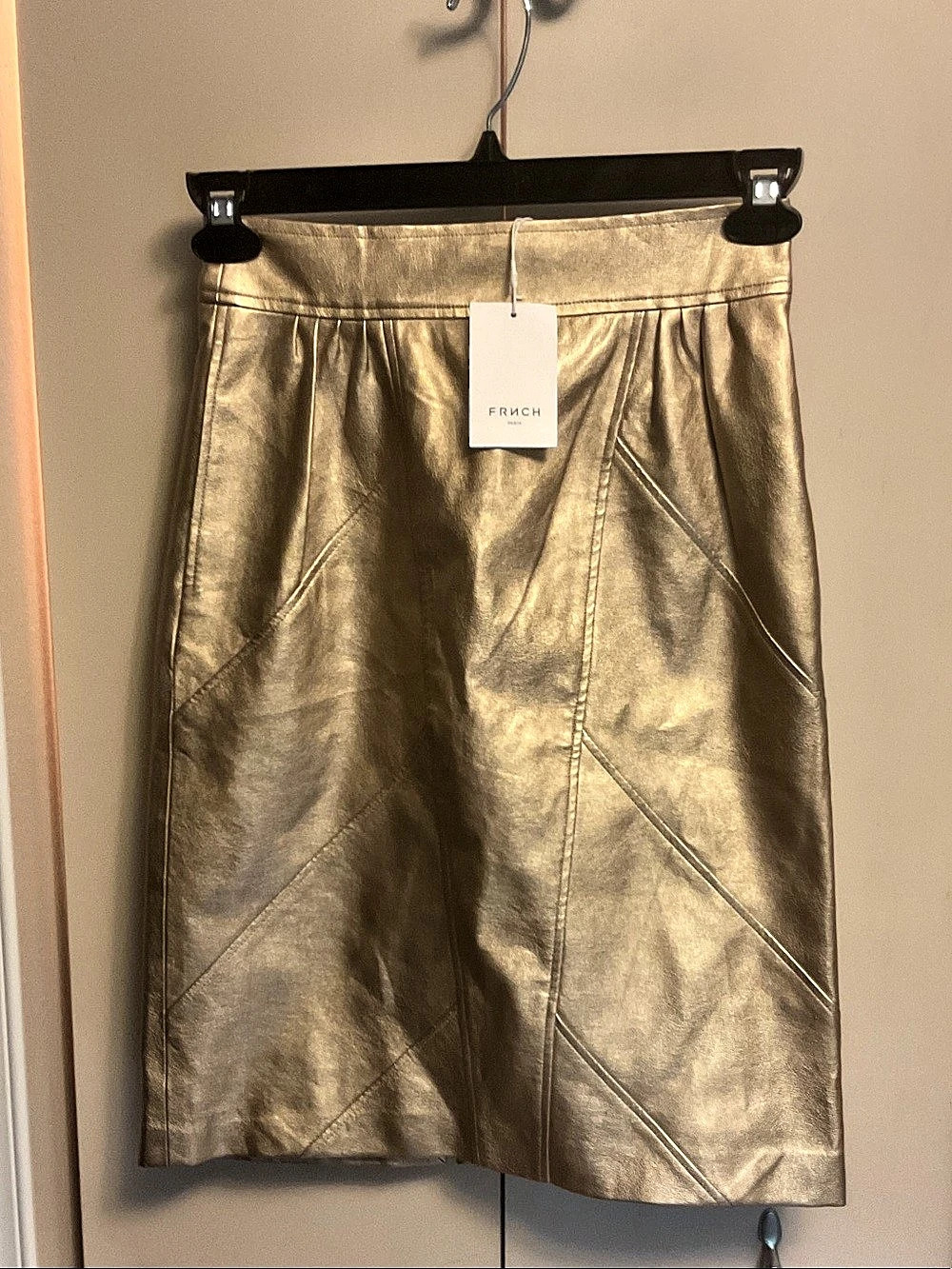 FRNCH Metallic Mini Skirt in Gold with lining. Size Small NWT waist 13 L23